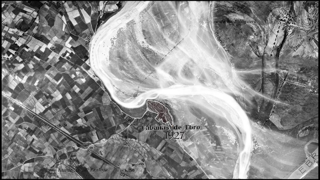 Figura 1. Recreación de una avenida del río Ebro en Cabañas de Ebro sobre la fotografía aérea de 1927 (elaboración propia).