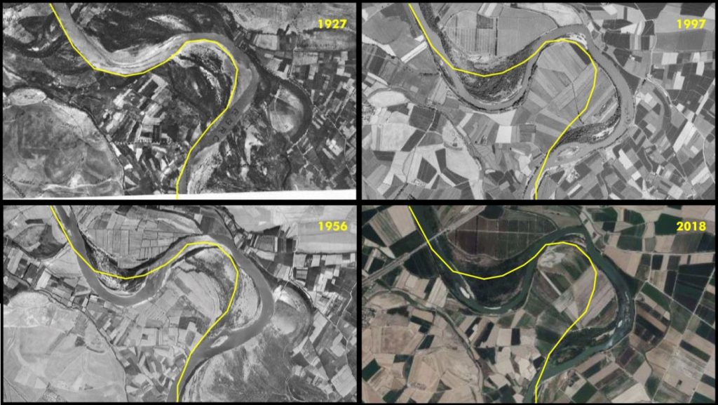 Figure 6. Comparison of the evolution of the shapes of the Aguilar meander between 1927 and 2018. The yellow line preserves the shapes of 1927 (own elaboration).