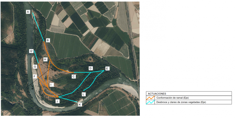 Plano de futuros brazos de río a recuperar en el Soto de Alfaro.